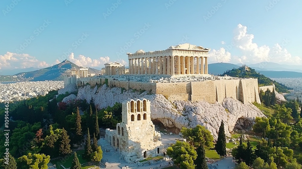 Naklejka premium Vibrant Sunset Over the Acropolis in Athens