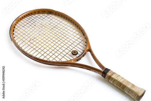 Close-up shot of a tennis racket on a white surface, ideal for sports or equipment related uses photo