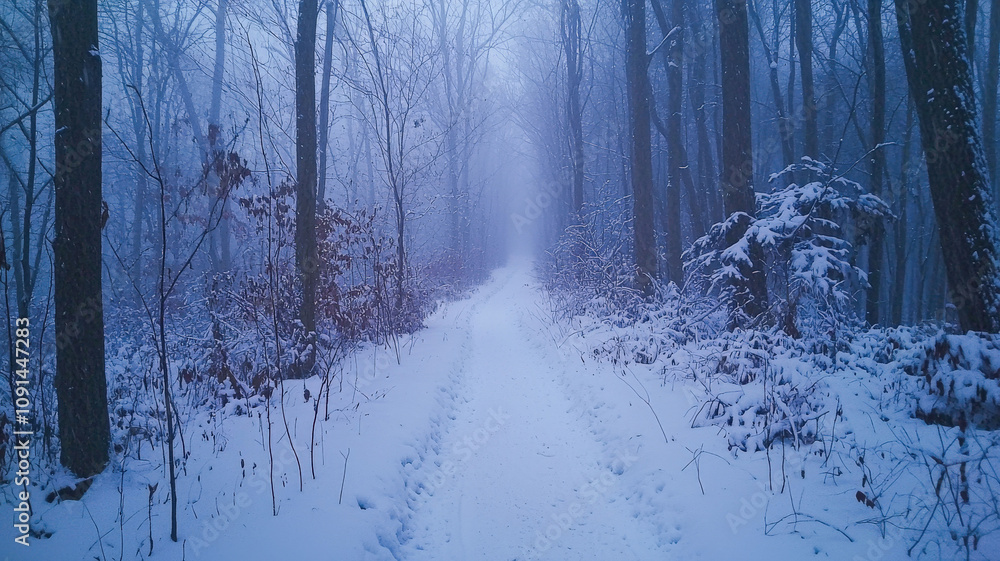 Naklejka premium A misty winter path through a forest, blanketed with a thick layer of snow. The scene is dominated by soft shades of gray and blue, evoking a calm, serene winter atmosphere.