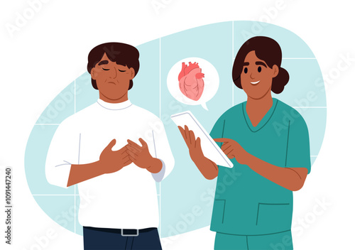 Heart diseases. Complaints of the patient about pain in the chest. Treatment and diagnosis of cardiovascular diseases. A cardiologist is talking to a patient. Vector flat illustration.