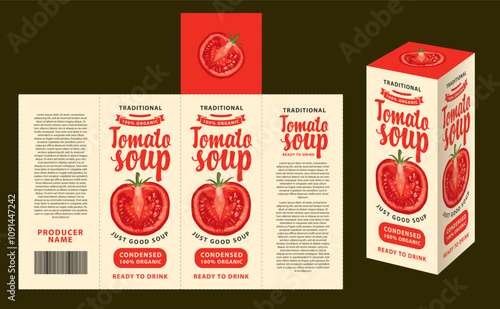 vector mockup template of cardboard packaging box for tomato soup with realistic pattern of half tomato in retro style. Suitable for packaging design and labels