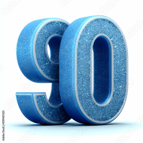 blue 3d number 90 in glitter texture isolated on white background photo