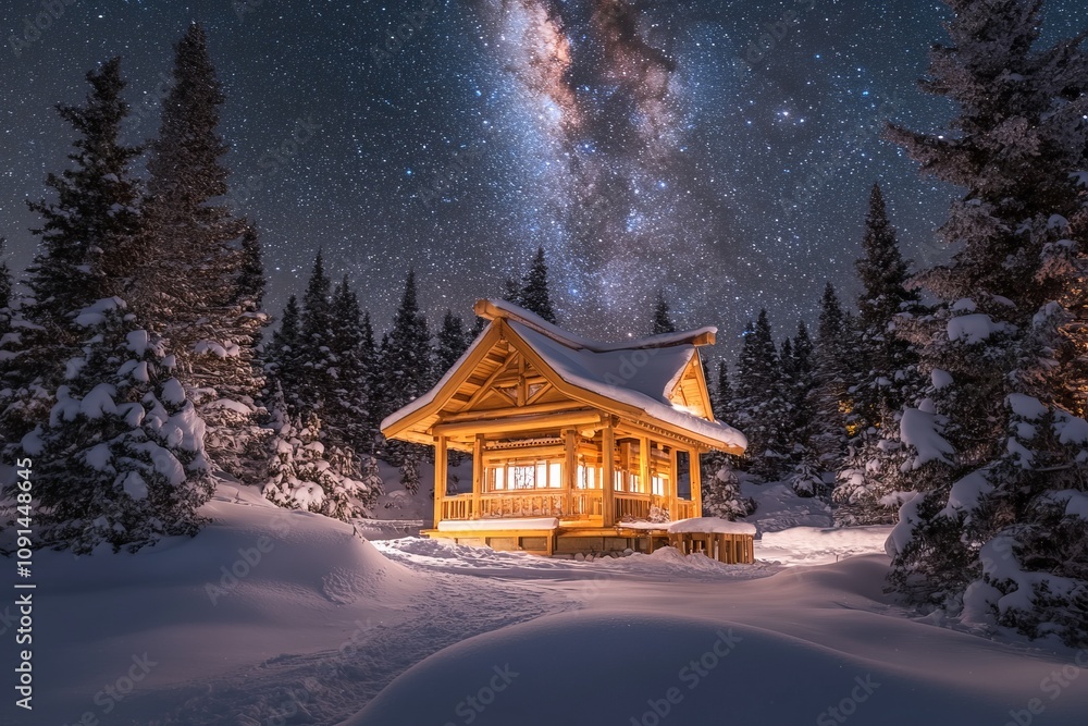 The ancient Jaszczurowka chapel in Zakopane is bathed in the light of the Milky Way during winter.