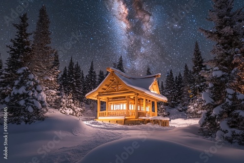 Obraz na płótnie The ancient Jaszczurowka chapel in Zakopane is bathed in the light of the Milky Way during winter. w salonie