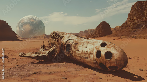 Fototapeta Naklejka Na Ścianę i Meble -  Rusted spaceship wreckage in a desert landscape with a distant planet. Desolate Alien Desert. Illustration