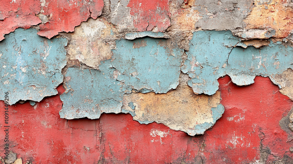 Obraz premium Peeling Paint on Weathered Concrete Wall Urban Setting Abstract Photography Gritty Environment Close-up View Textural Contrast