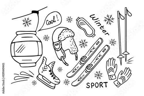 Winter sports and recreation in the mountains and outdoors. A hand-drawn ski lift, skis, a hat with earflaps, skates, ski goggles and gloves. A set of Isolated items for sports and travel. 