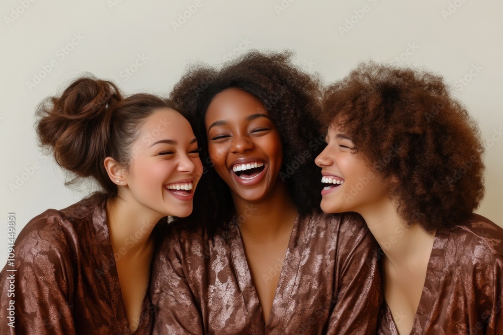 Fototapeta premium Diverse women enjoying fun moments in chocolate pajamas