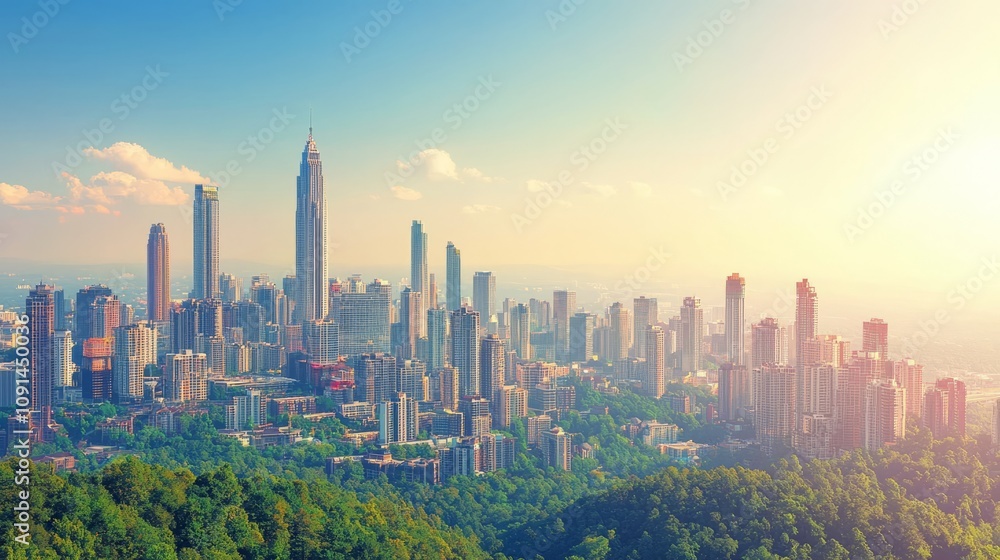 Fototapeta premium A vibrant skyline view of a city with modern skyscrapers and greenery.