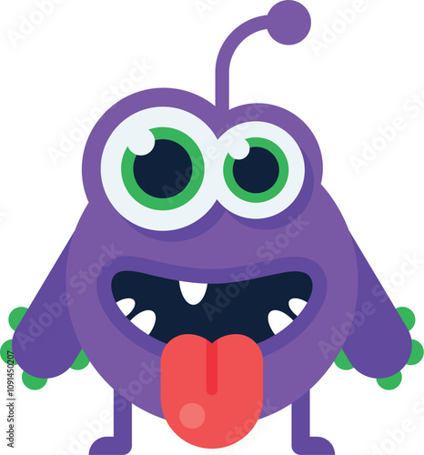 Funny purple alien character with big green eyes, antenna, and playful expression sticking out its tongue, ideal for children s books, games, or any project needing a touch of whimsy