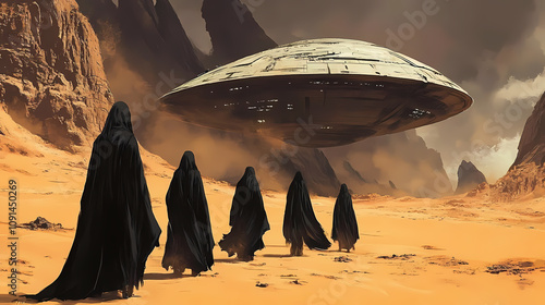 A group of cloaked figures approach a large, disc-shaped spaceship in a desolate desert landscape. Desolate Alien Desert. Illustration photo