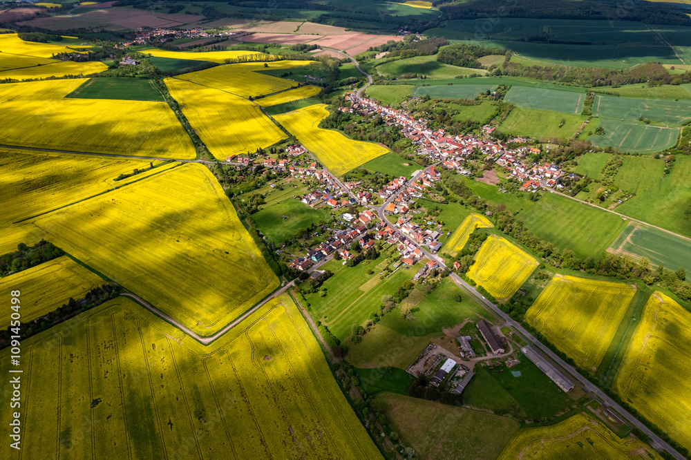 Top view of a field of yellow rapeseed flowers with a small town in the background. The sky is cloudy and the sun is shining through the clouds. Germany.