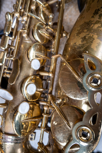 Close up brass saxophone valves 