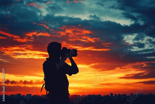 A person capturing the beauty of a sunset with a camera, suitable for travel or nature related uses photo