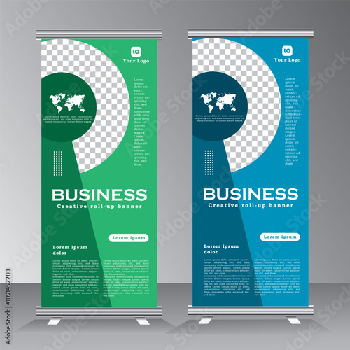 Blue and Green colour roll up banner vertical template design with space for image, photo,  business, flyer, infographics. modern x-banner and roll up banner advertising. vector illustration