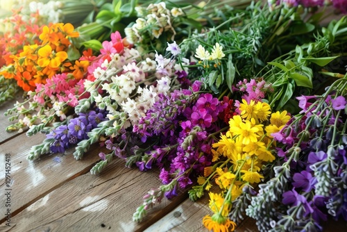 Wallpaper Mural A vibrant bouquet of flowers sitting on a rustic wooden table, perfect for decorating or photography Torontodigital.ca