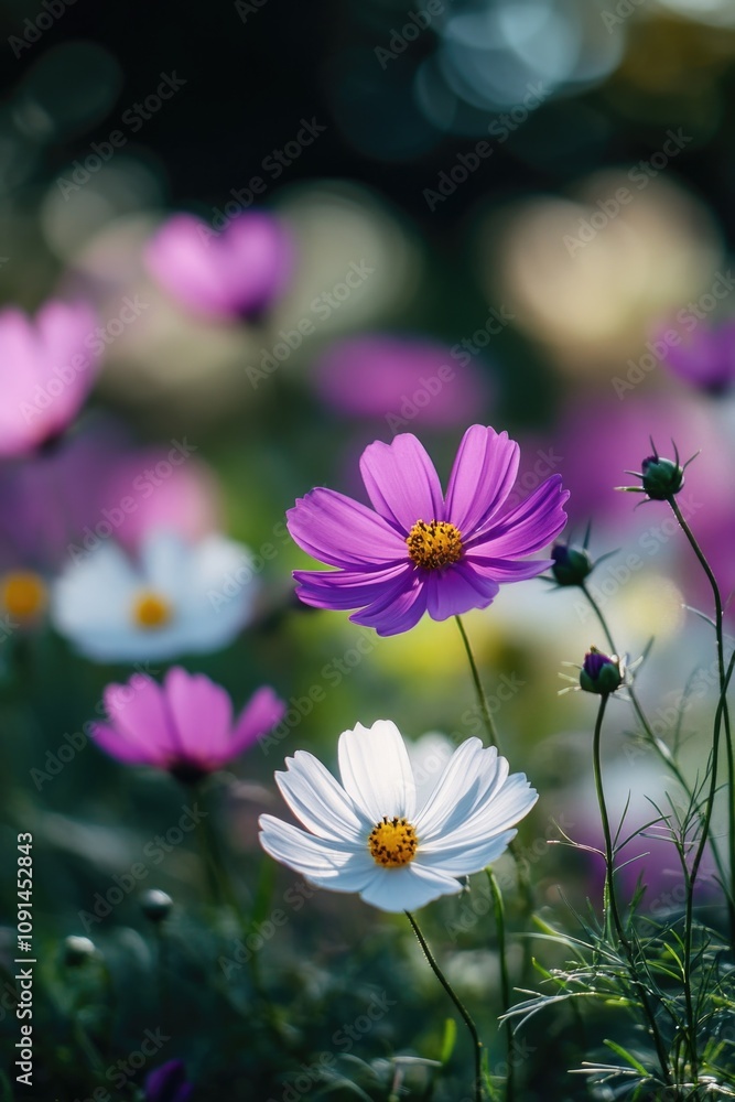 Fototapeta premium A close-up of purple and white flowers with a blurred background