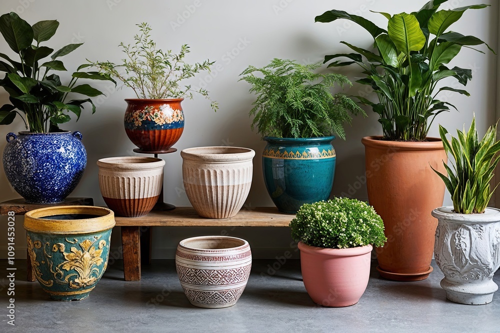 Fototapeta premium Unique Vintage and Modern Planters and Decorative Flower Pots for Chic Home Decor