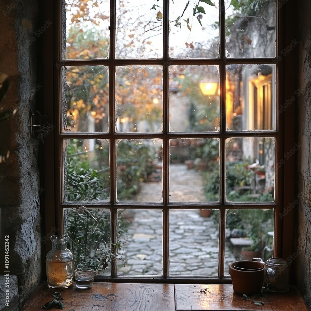 Naklejka premium Old Window View Autumn Garden Stone Path