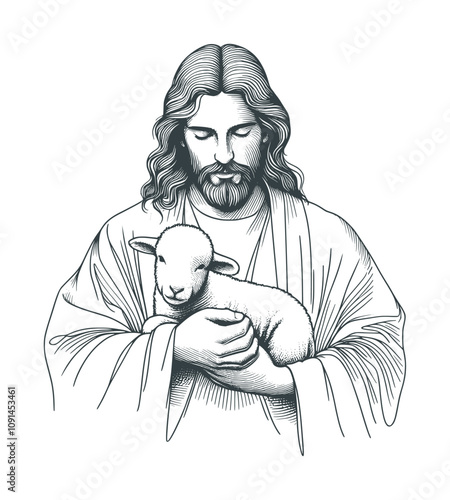 sketch illustration of jesus with little sheep (artwork 3)