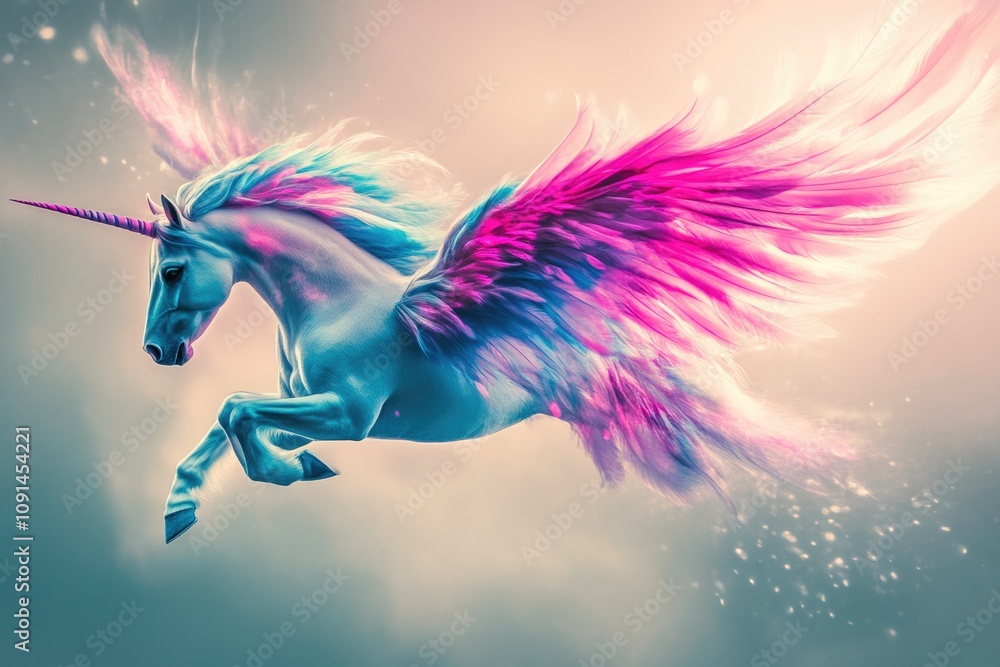 Obraz premium Majestic Unicorn Gliding with Magical Feathers