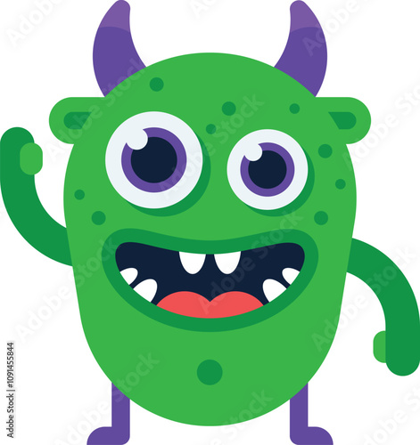 Cartoon illustration of a friendly green monster with purple horns and big eyes waving and smiling, ideal for children s products or playful designs