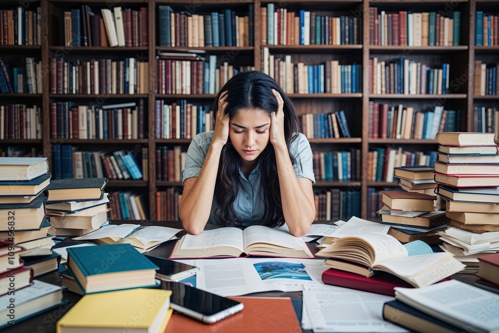 Tired Woman Surrounded by Books and Papers: The Chaos of Time Management and Overwork Tired Woman Surrounded by Books and Papers: The Chaos of Time Management and Overwork
