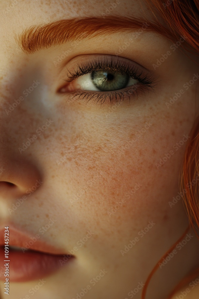 Fototapeta premium Close-up portrait of a woman with distinct freckles on her skin, suitable for beauty and personal use