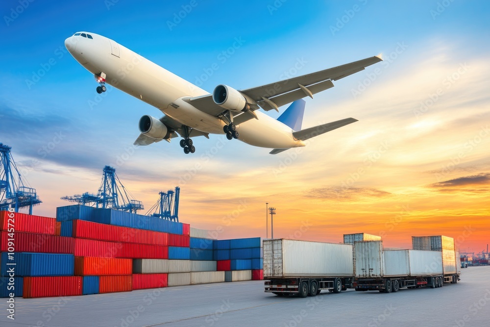 Fototapeta premium Aircraft Passing Over Cargo Vessel in Ocean Waters