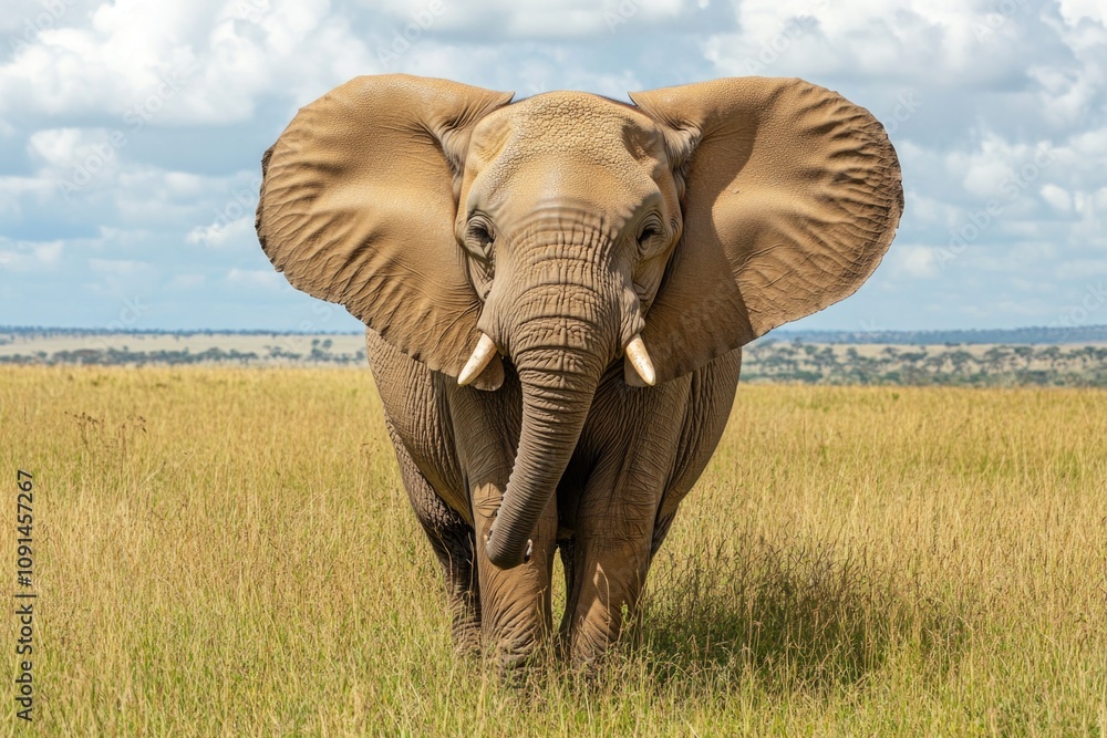 Fototapeta premium A large elephant standing in a green field