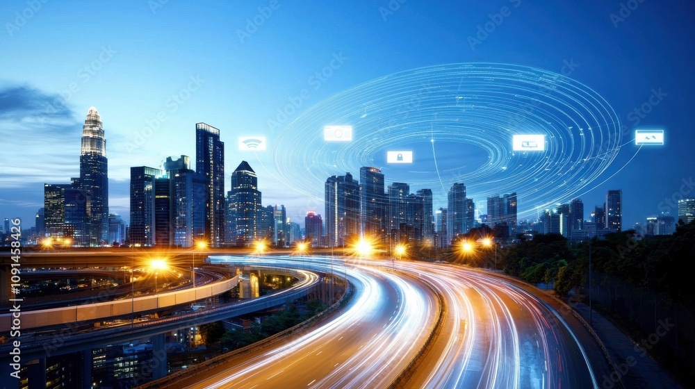 Fototapeta premium Vibrant City Skyline at Night with Glowing Lights