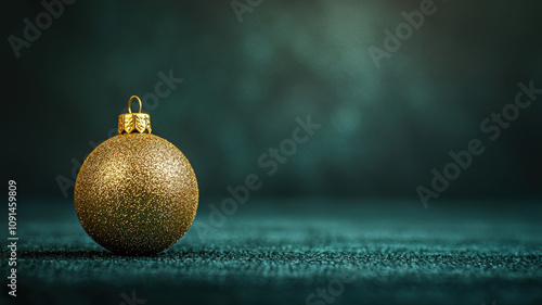 A single gold bauble on a dark green background with a subtle light canvas texture, creating a festive and elegant atmosphere. photo