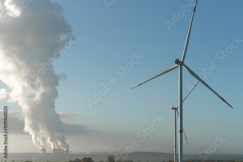 Stromerzeugung aus Braunkohlekraftwerk und Windkraft im Licht der aufgehenden Sonne photo