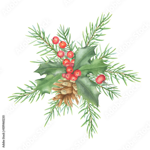 Christmas decoration. Watercolor composition of fir branches, holly leaves and berries, cones.