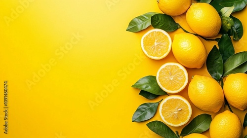 a group of lemons with leaves on a yellow background