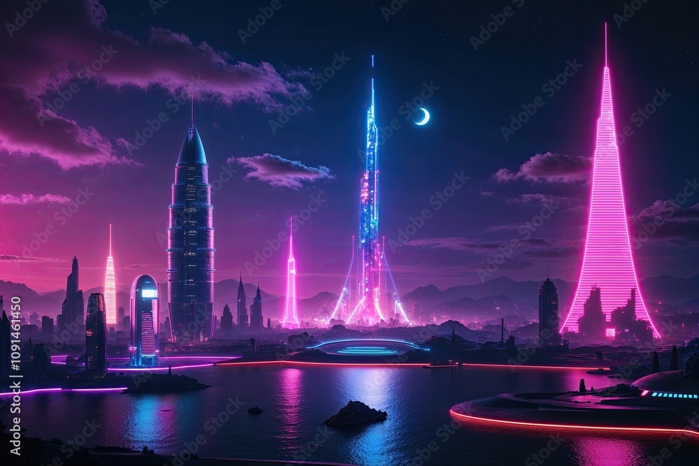 Fototapeta premium Vibrant Neon Nights in Futuristic Cityscape Views