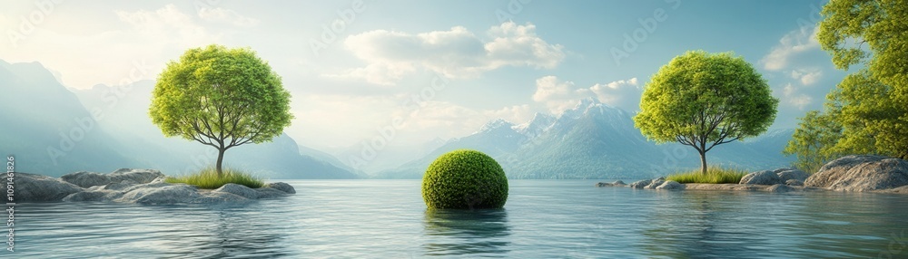 A serene landscape featuring lush trees and a spherical bush surrounded by calm water and majestic mountains under a clear sky. A serene landscape featuring lush trees and a spherical bush surrounded by calm water and majestic mountains under a clear sky.