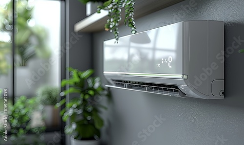 Wall-mounted mini split system AC offers efficient cooling and fresh air circulation in a sophisticated indoor environment. Surrounding plants enhance the serene atmosphere, promoting comfort