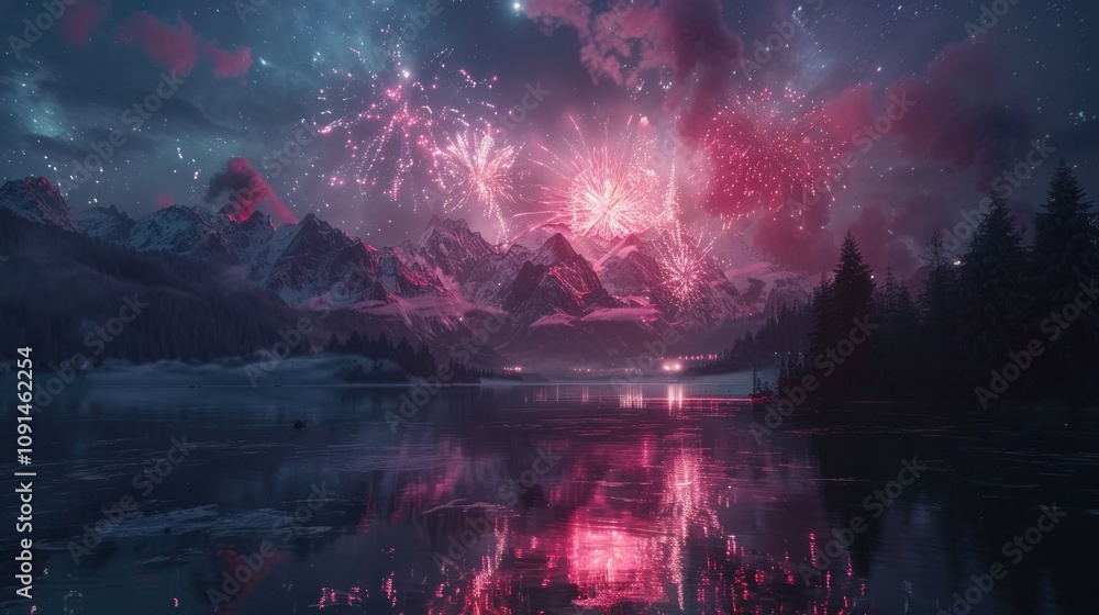 Fototapeta premium A breathtaking view of fireworks exploding over a snowy mountain range, reflected in a still lake.