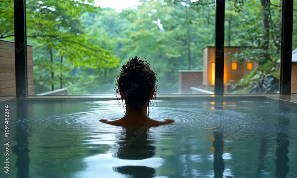 A serene figure relaxing in a tranquil indoor hot spring. A serene figure relaxing in a tranquil indoor hot spring.