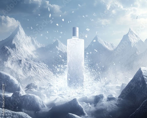 Tall bottle surrounded by snowy mountain peaks.
