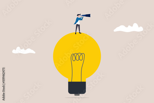 Businessman with telescope on lightbulb. concept of Business vision, creativity and new ideas vector illustration. Symbol of brainstorming, future, planning. Eps10 illustration