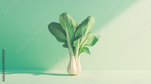 A realistic bok choy on a pastel chartreuse background, flat colors, vibrant pastels, minimalist design, rule of thirds photo