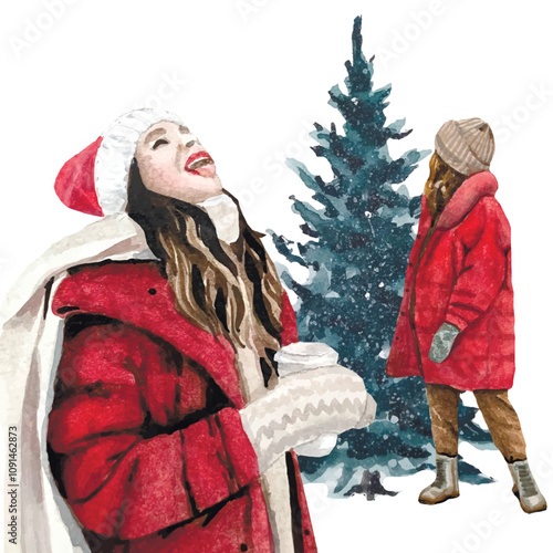 Vector freehand watercolor illustration of a girl who catches snowflakes in her mouth on a white background. Hand drawn watercolour christmas tree. Design cards