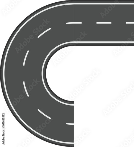 Winding road with dashed white lines making a u turn bend on a white background, ideal for transportation and travel concepts