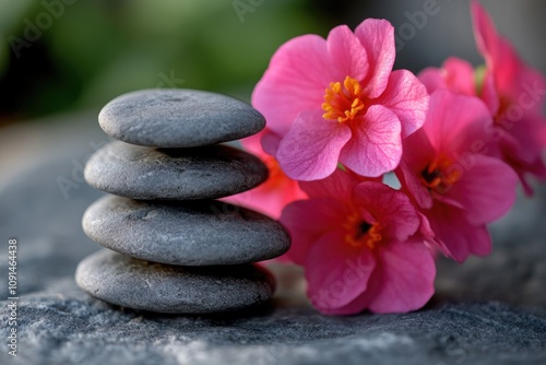 A pile of stones with vibrant pink flowers growing around and behind, great for outdoor or nature-themed contexts