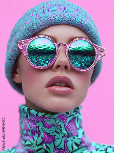 Vibrant Portrait of a Woman in Reflective Pink Sunglasses and Knit Beanie