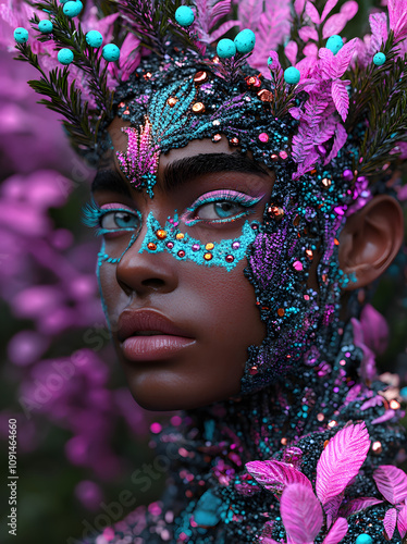 Mystical Portrait of a Woman with Vibrant Beaded and Floral Face Art