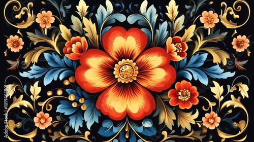 A vibrant floral design featuring large red and orange flowers with intricate blue and gold foliage.