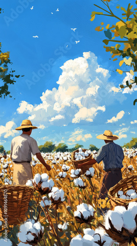 A rural cotton field at harvest, workers picking cotton bolls under the bright sky, baskets filled with soft cotton, with sunlight illuminating the scene